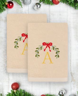 Christmas Mistletoe Monogram Beige Embroidered Luxury Turkish Cotton Hand Towels, 2 Piece Set