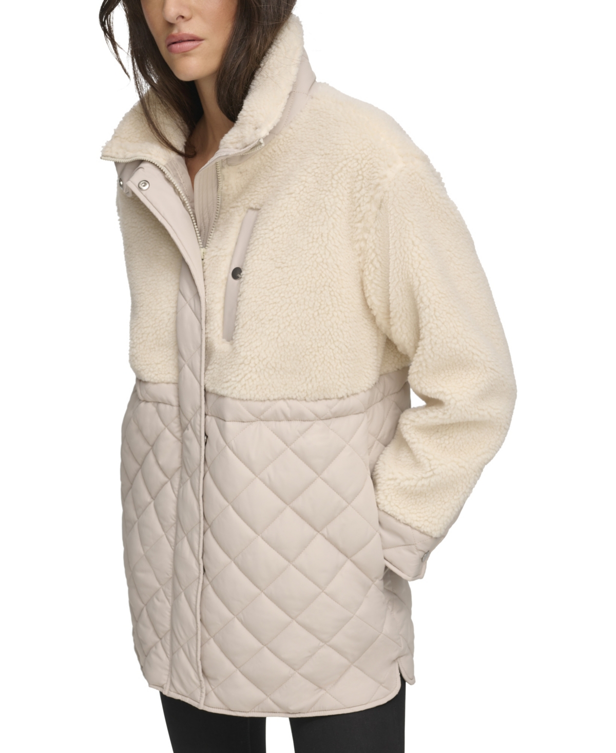 Women's Mixed Media Sherpa and Quilt Jacket With Adjustable Waist - Twine