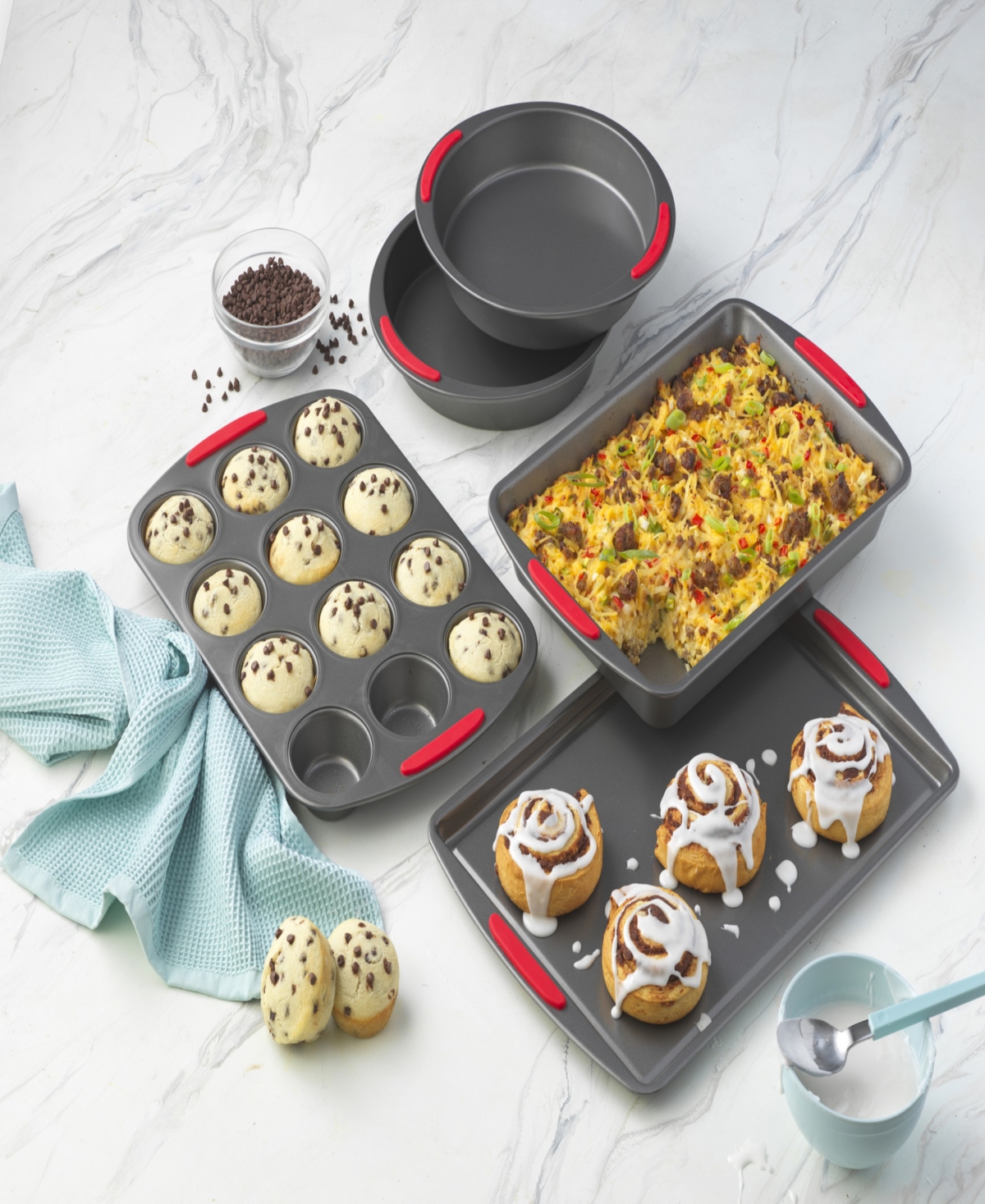 Shop Good Cook Mega Grip 5 Piece Nonstick Steel Bakeware Set With Cookie Sheet, Roast Pan, 2 Cake Pans, And Muffin  In Gray
