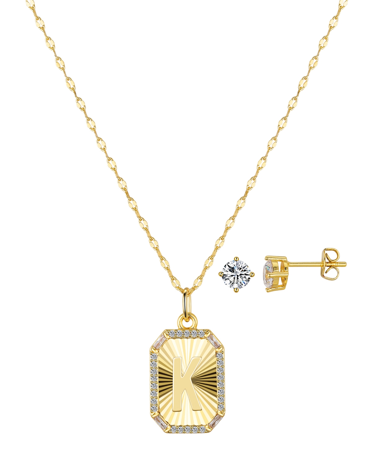 Cubic Zirconia Initial Pendant Necklace and Stud Earring Set - Gold K