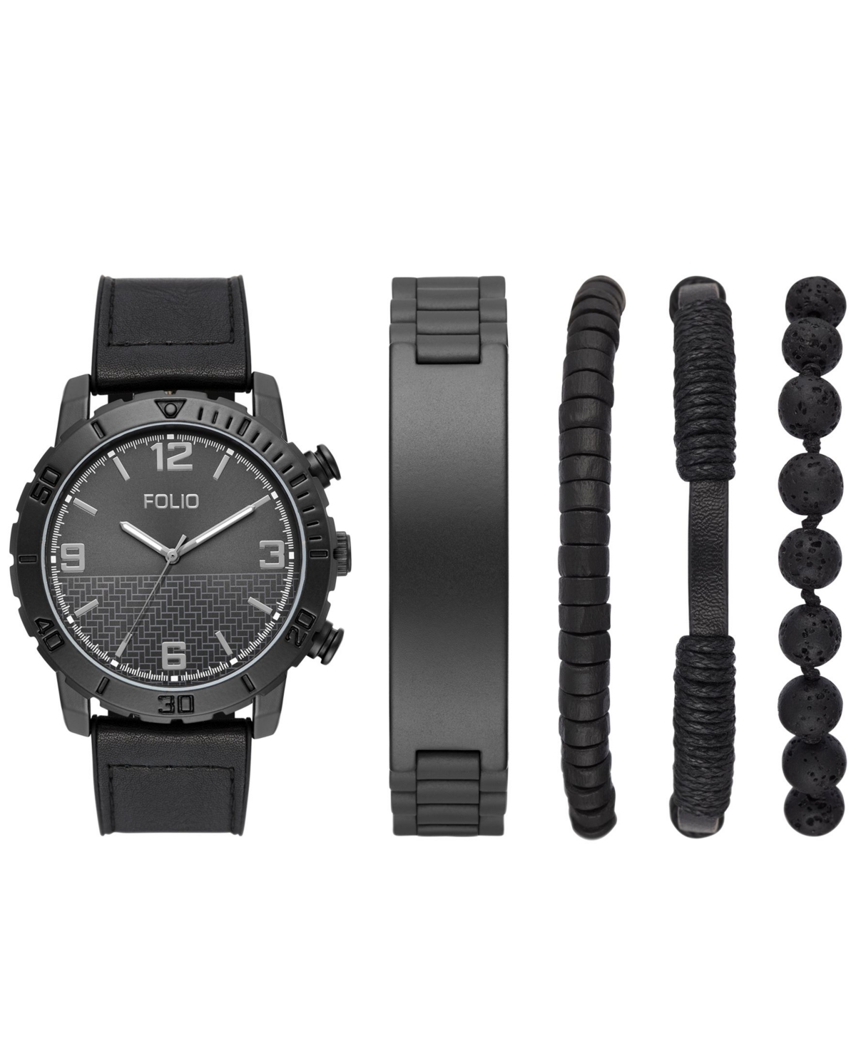 Men's Quartz Three Hand Black Polyurethane Watch 47mm, Gift Set - Black