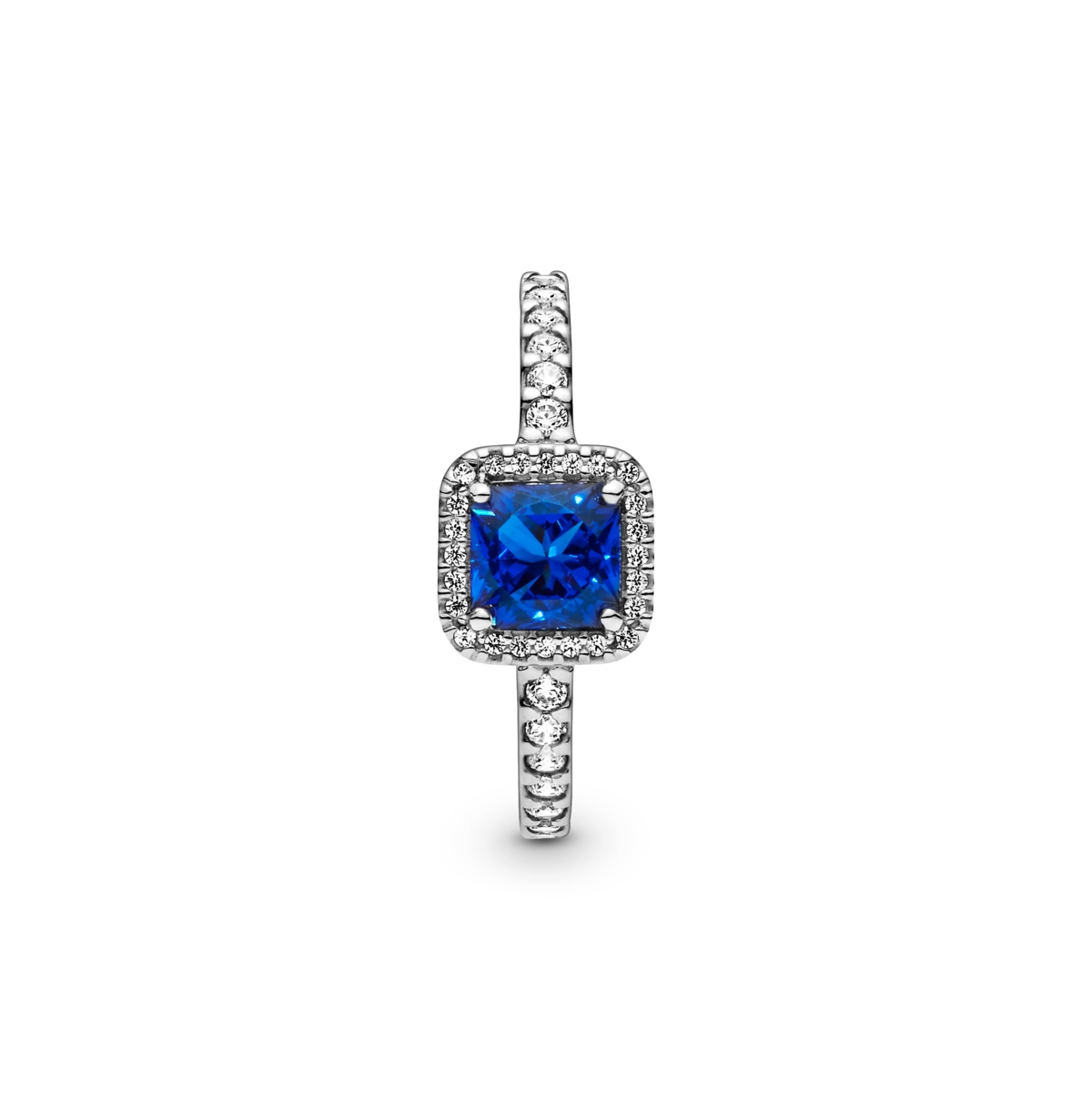 PANDORA CUBIC ZIRCONIA TIMELESS BLUE SQUARE SPARKLE HALO RING 