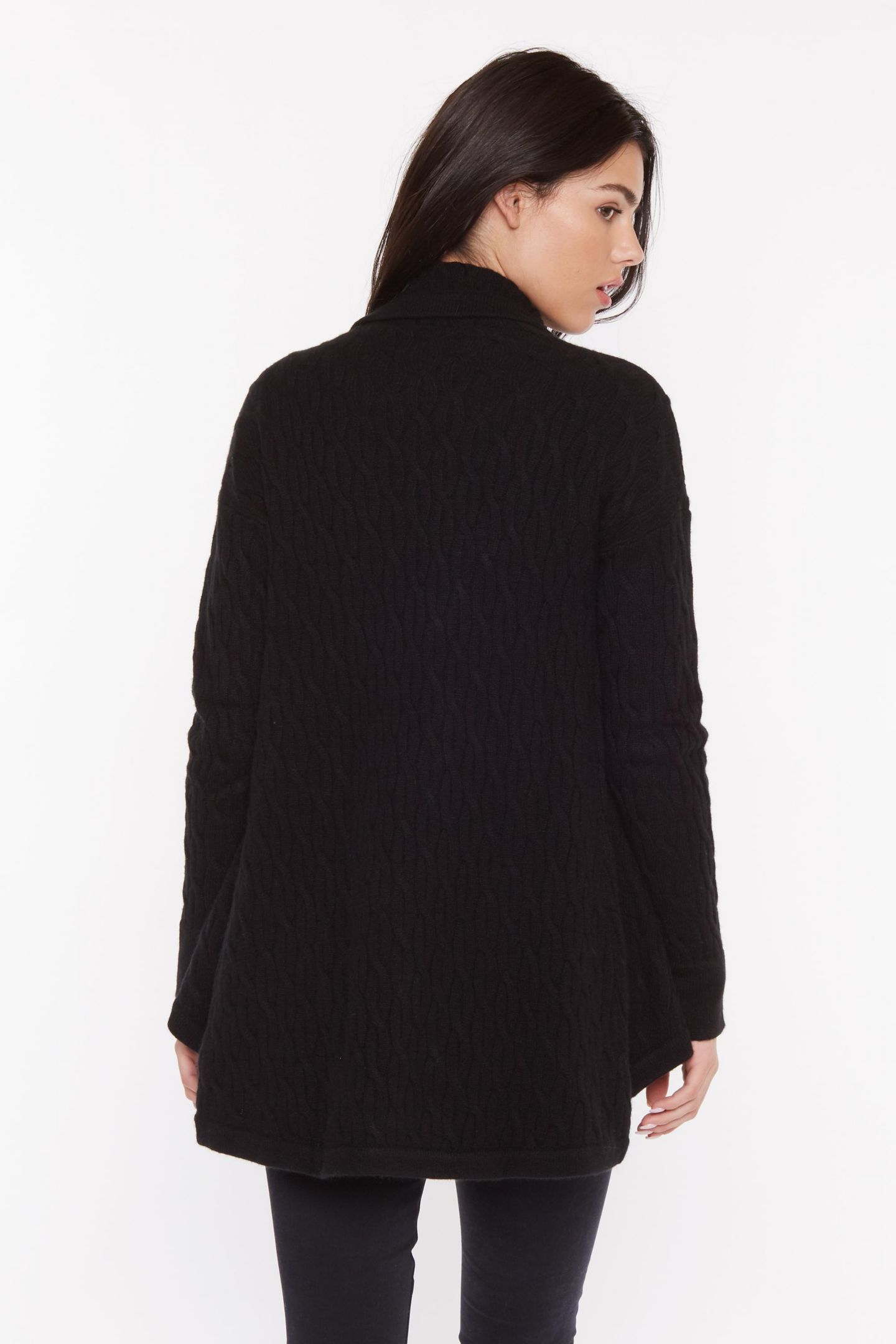 Женский кардиган JENNIE LIU 100% Pure Cashmere 4-ply Cable-knit Drape-front Open Cardigan, цвет: Чёрный — фото 2