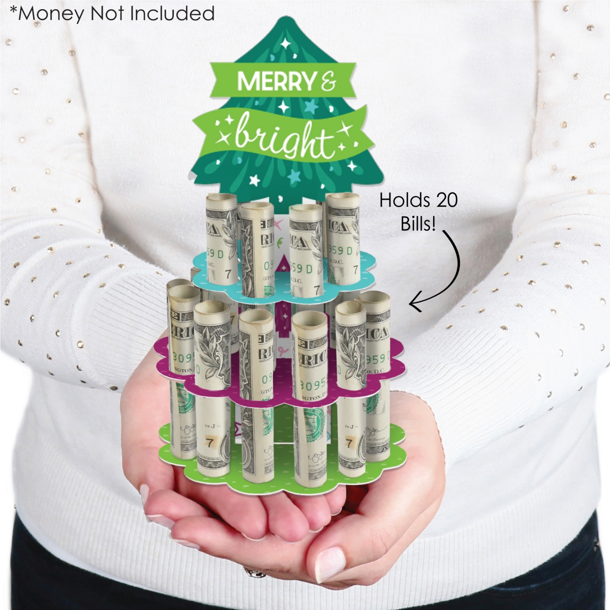 Big Dot of Happiness Merry and Bright Trees - Colorful Whimsical Party Money Holder Gift - Cash Cake
