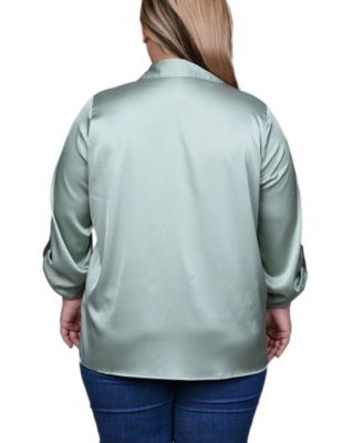 Plus Size 3/4 Sleeve Roll Tab Satin Blouse