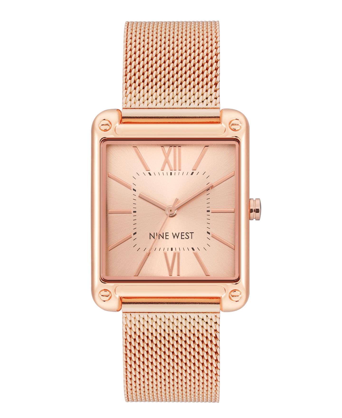 Женские часы Nine West Quartz Rectangular Rose Gold-Tone Stainless Steel Mesh Band Watch, 29mm — фото 1