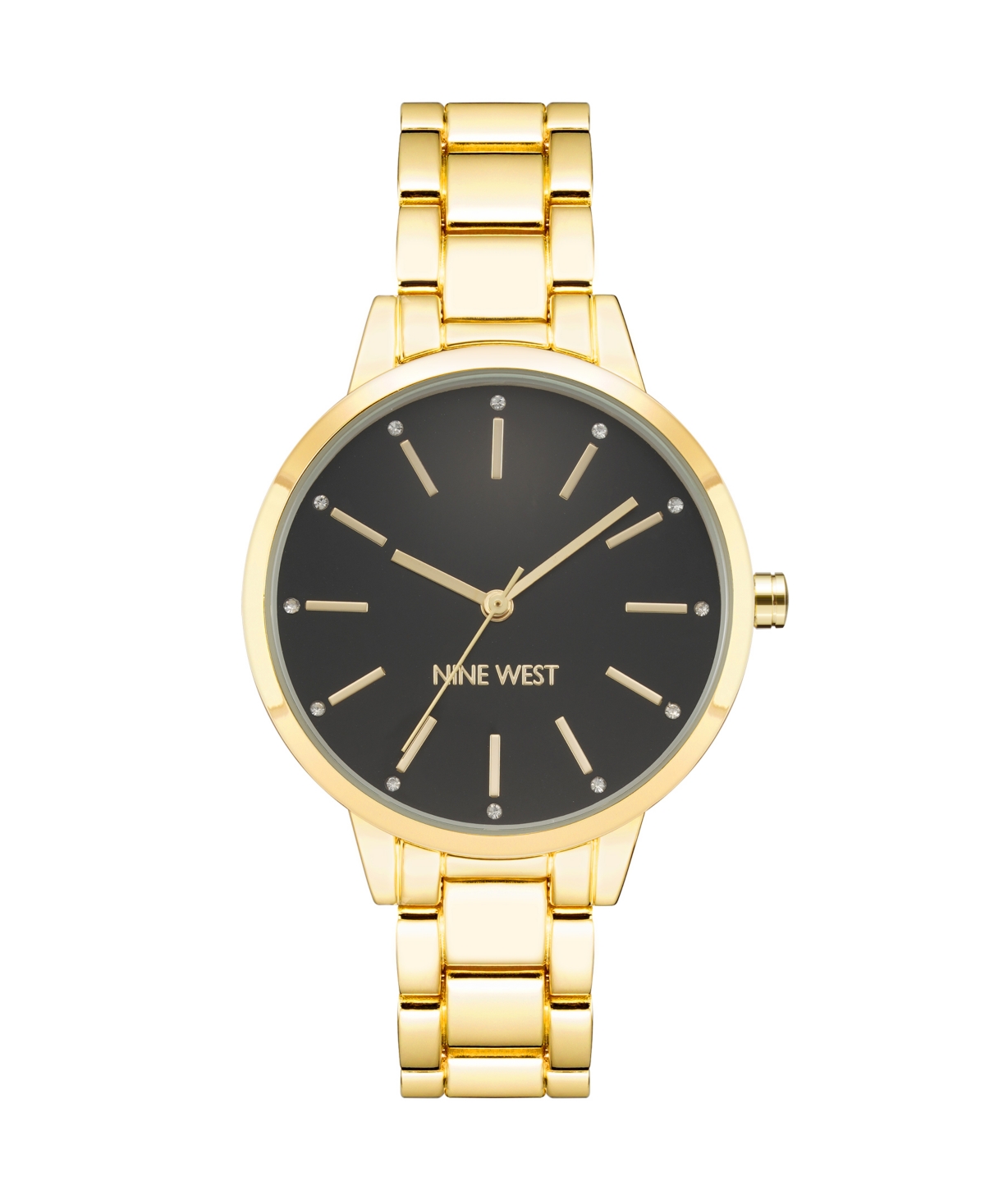 Nine West Women's Quartz Gold-tone Alloy Link Bracelet Watch, 36mm In Black,gold-tone