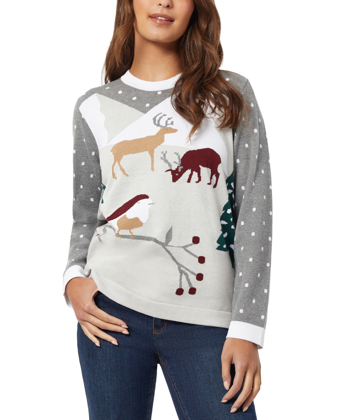 Jones New York Women's The Holiday Scenic Sweater In Medium Heather Grey Multi
