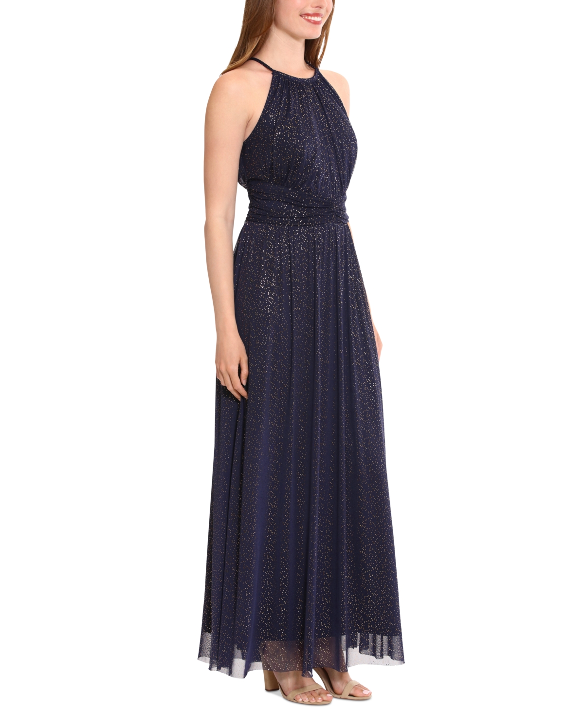 Shop London Times Women's Ruched Halter Maxi Dress In Gold,navy