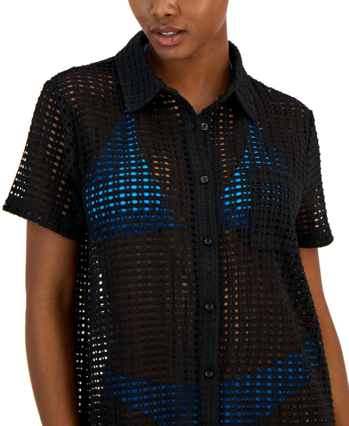 Shop Miken Women's Crochet Tunic Shirt Cover-up, Created For Macy's In Black