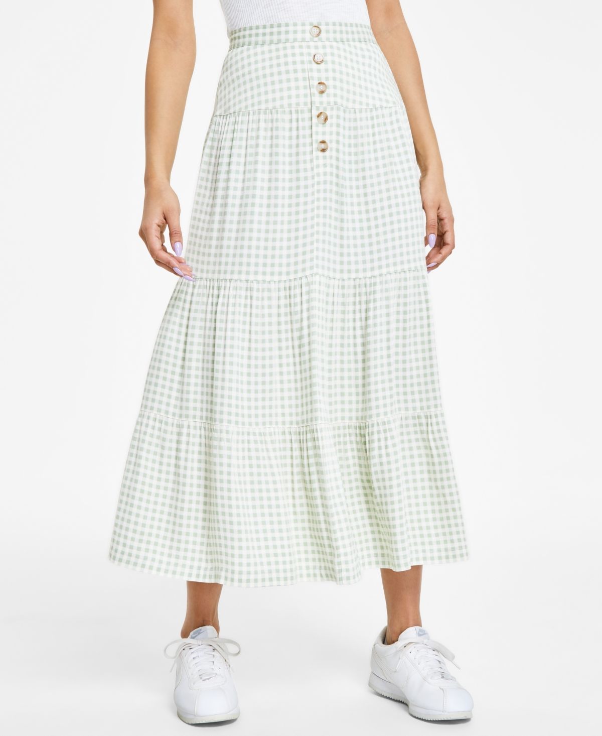 Juniors' Gingham Tiered Midi Skirt - Olive Gingham