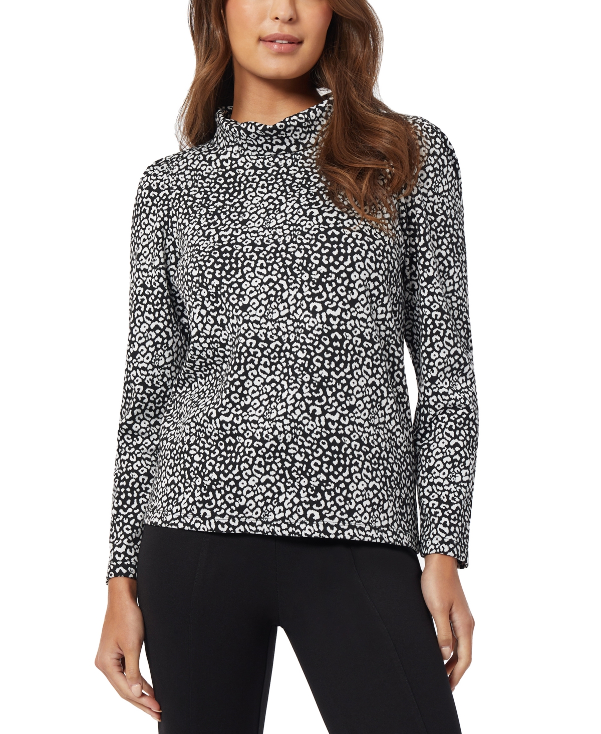 Shop Jones New York Women's Jacquard Leopard-print Funnel-neck Top In Jones Black,jones White
