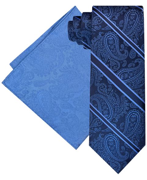 Мужские галстуки Steve Harvey Stripe Paisley Tie & Pocket Square Set, цвет: Тёмно-синий