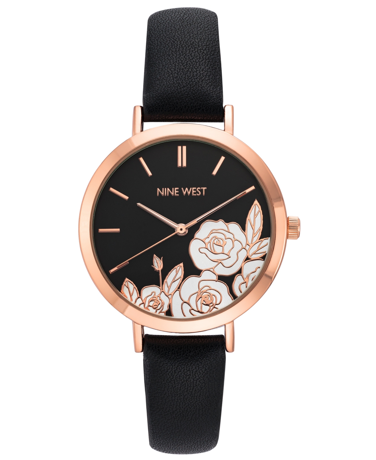 Nine West Women's Quartz Black Faux Leather Band And Floral Pattern Watch, 36.5mm In Black,rose Gold-tone