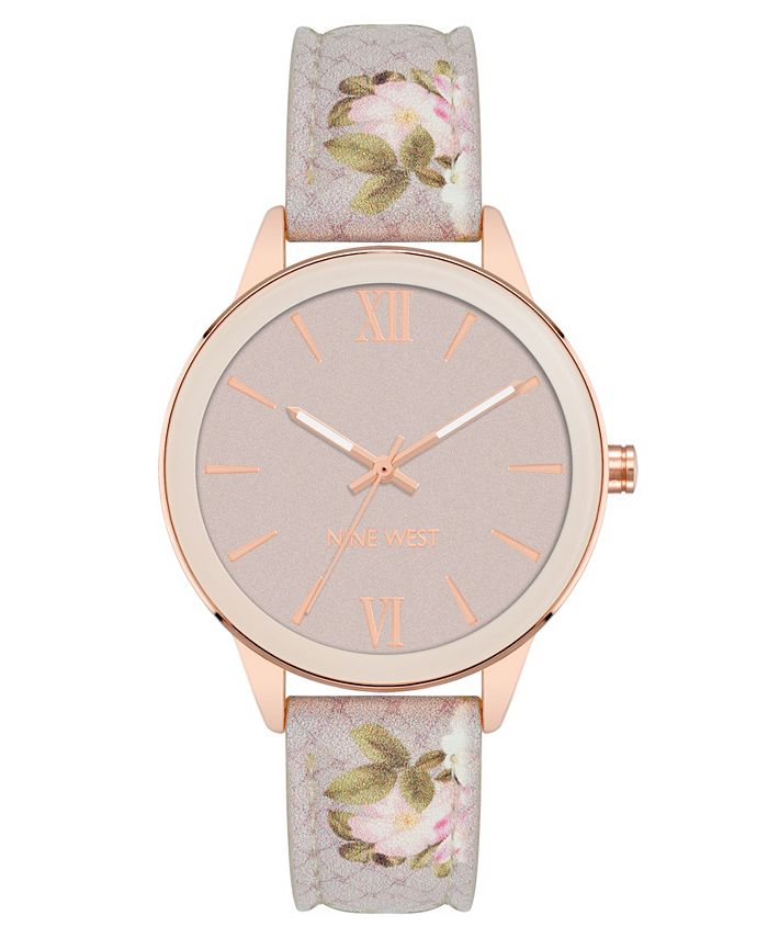 Women s Quartz Pink Floral Pattern Faux Leather Band Watch 36mm