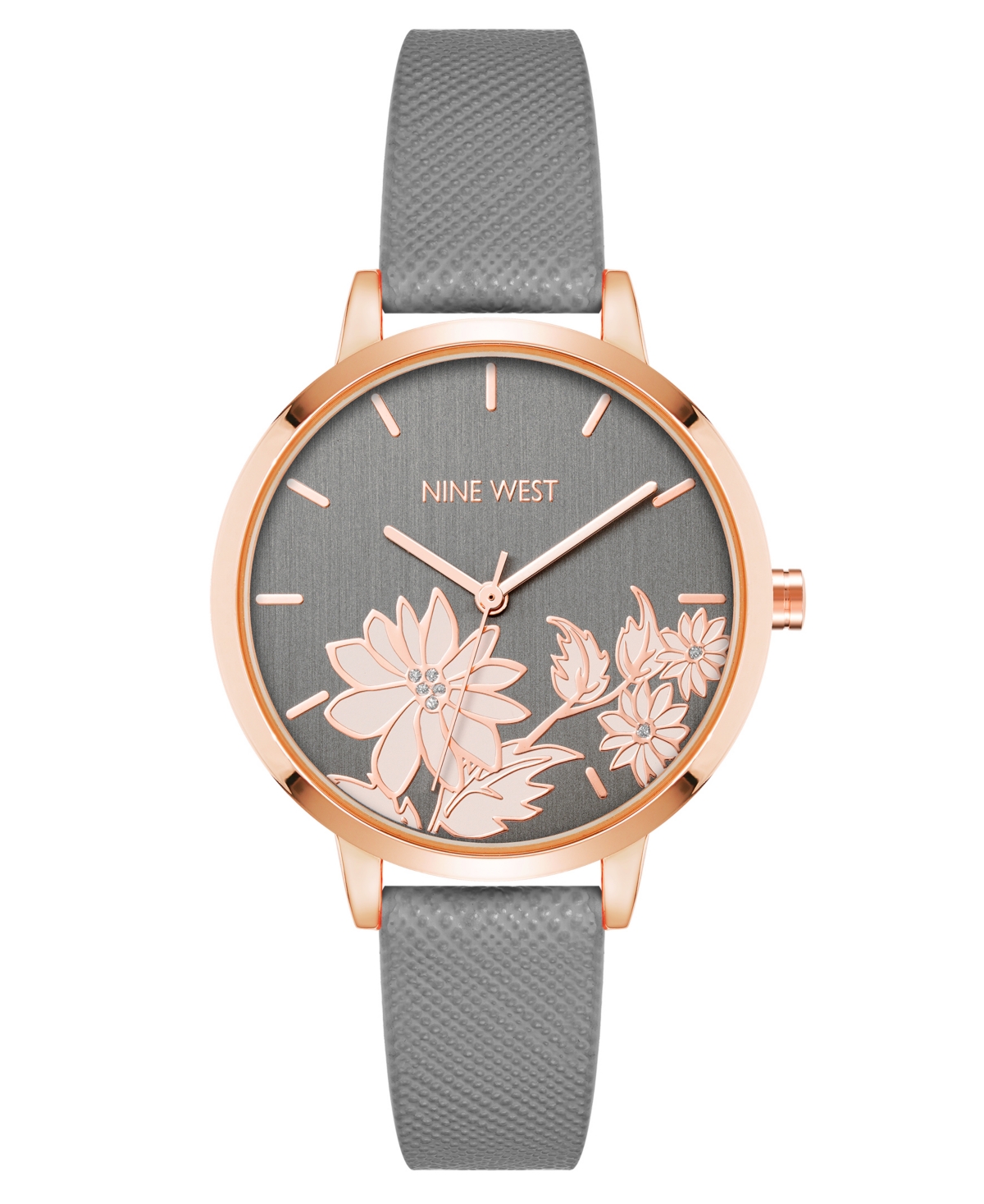 Nine West Woman's Quartz Gray Faux Leather Band And Floral Pattern Watch, 36mm In Gray,rose Gold-tone