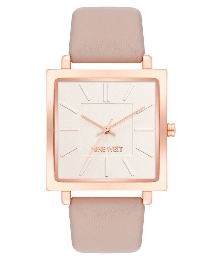 Nine West Women's Quartz Square Pink Faux Leather Band Watch, 35mm - Macy's