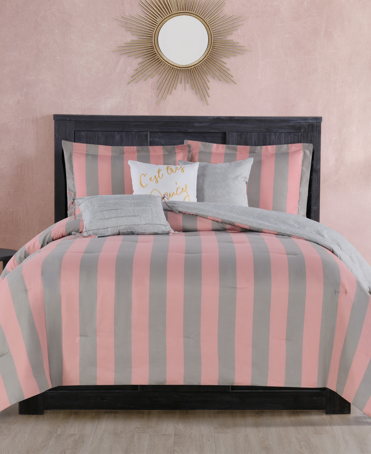 Juicy Couture Cabana Stripe Reversible 5-piece Comforter Set, Twin/twin Xl In Gray,pink