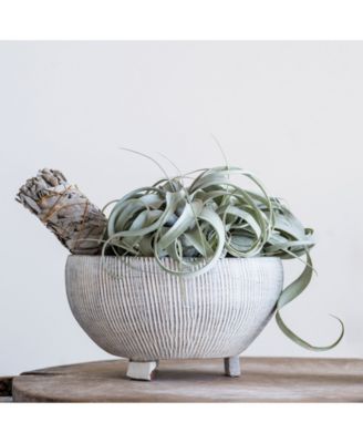 Coastal Terracotta Footed Planter with Textured Stripes