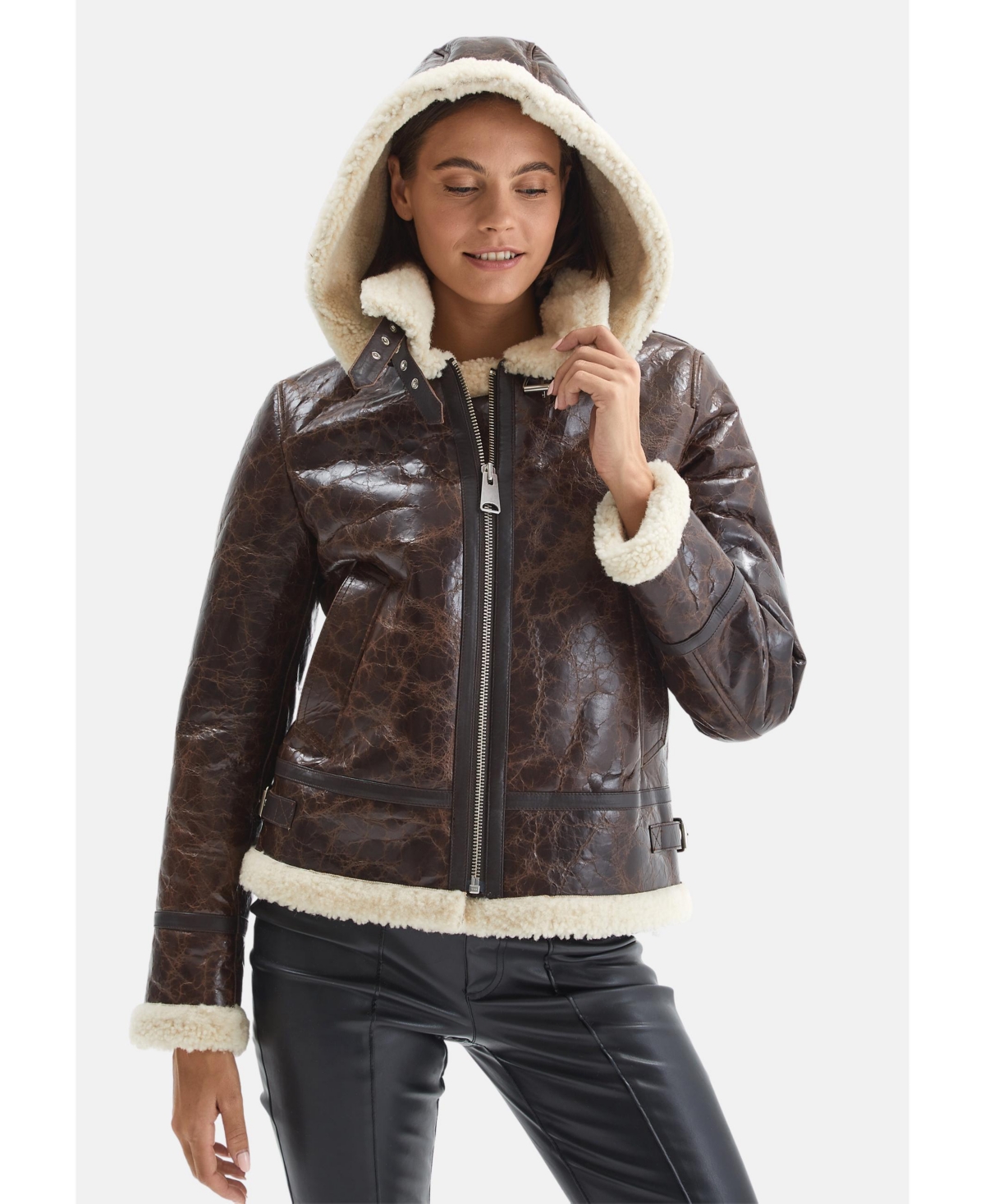 Women's Detachable Hooded Shearling Jacket, Cracked Brown with Beige Curly Wool - Brown