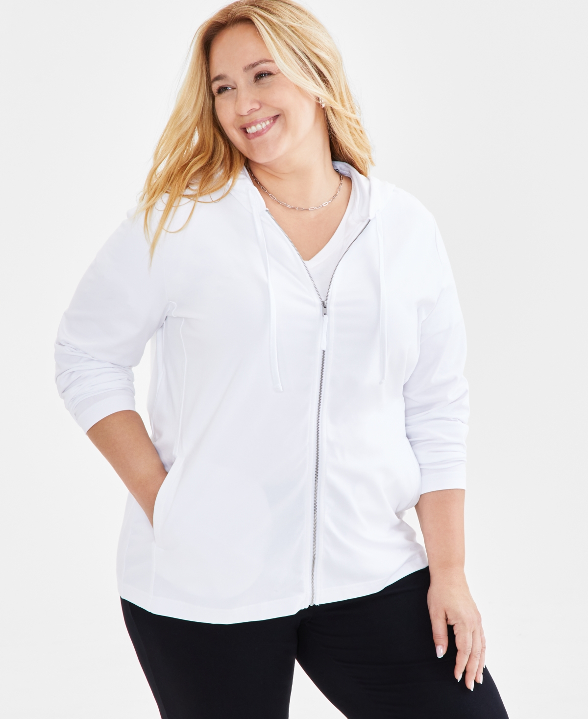 Style & Co Plus Size Zip-up Hooded Sweatshirt, Created For Macy's In Bright White