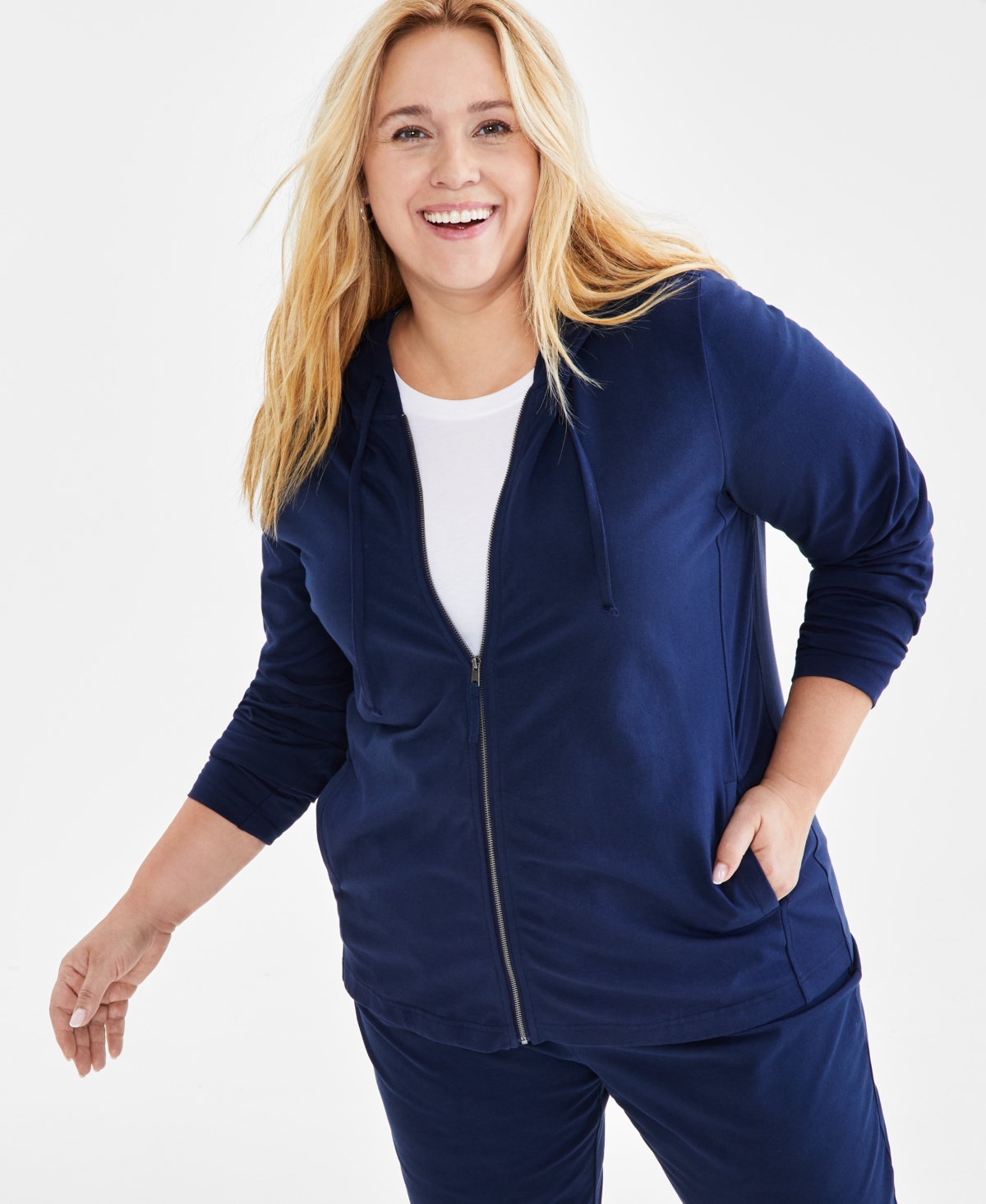 Style & Co Plus Size Zip-up Hooded Sweatshirt, Created For Macy's In Industrial Blue