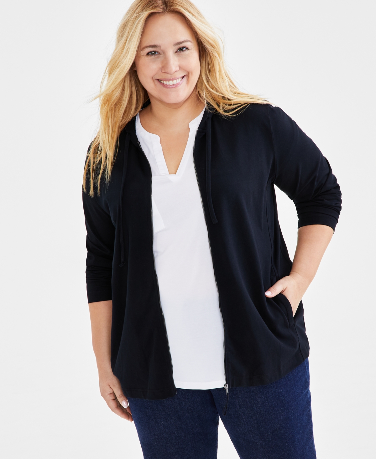 Style & Co Plus Size Zip-up Hooded Sweatshirt, Created For Macy's In Deep Black