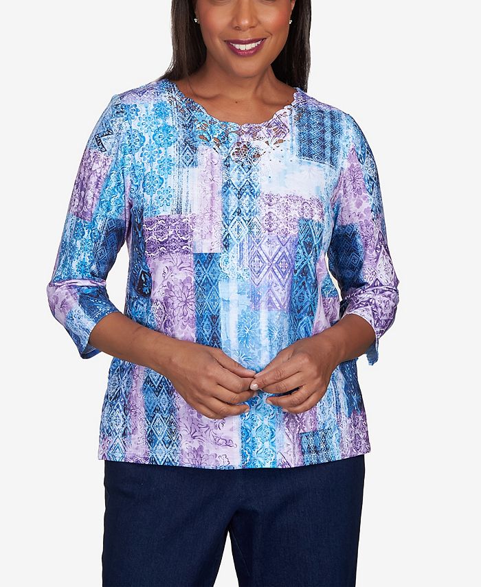 Alfred Dunner Women's Lavender Fields Patchwork Lace Neck Top - Macy's