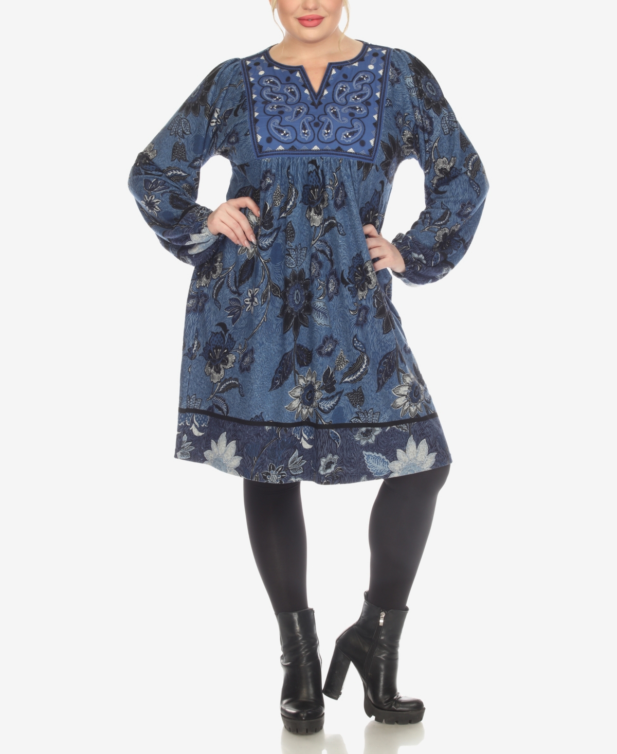 White Mark Plus Size Paisley Flower Embroidered Sweater Dress In Blue