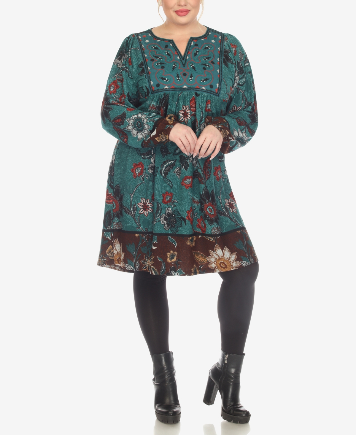 White Mark Plus Size Paisley Flower Embroidered Sweater Dress In Teal