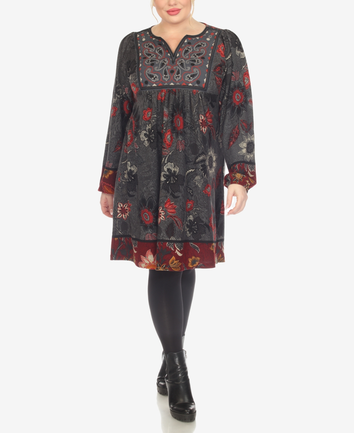 Shop White Mark Plus Size Paisley Flower Embroidered Sweater Dress In Gray