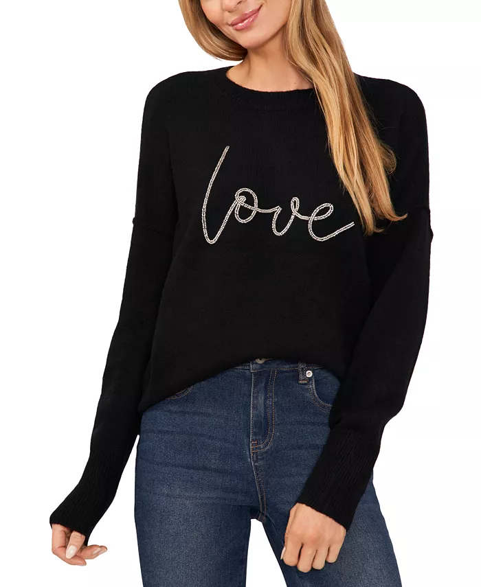 Women's Valentine's Crewneck Beaded Love Script Long-Sleeve Sweater - thumbnail 4