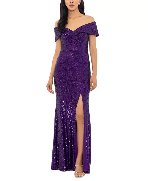 women's off-the-shoulder side-slit sequin gown