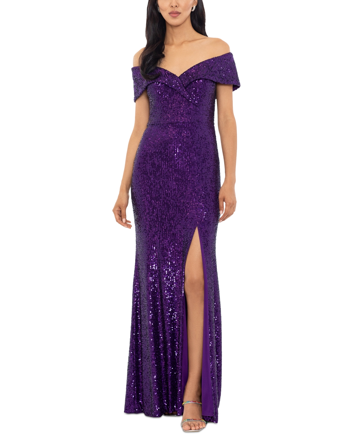Xscape Women's Off-the-shoulder Side-slit Sequin Gown In Purple