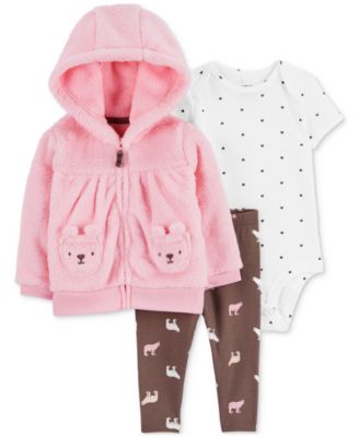 Carter's - Baby Girls Little Hooded Faux Fur Cardigan, Bodysuit and Pants, 3 Piece Set