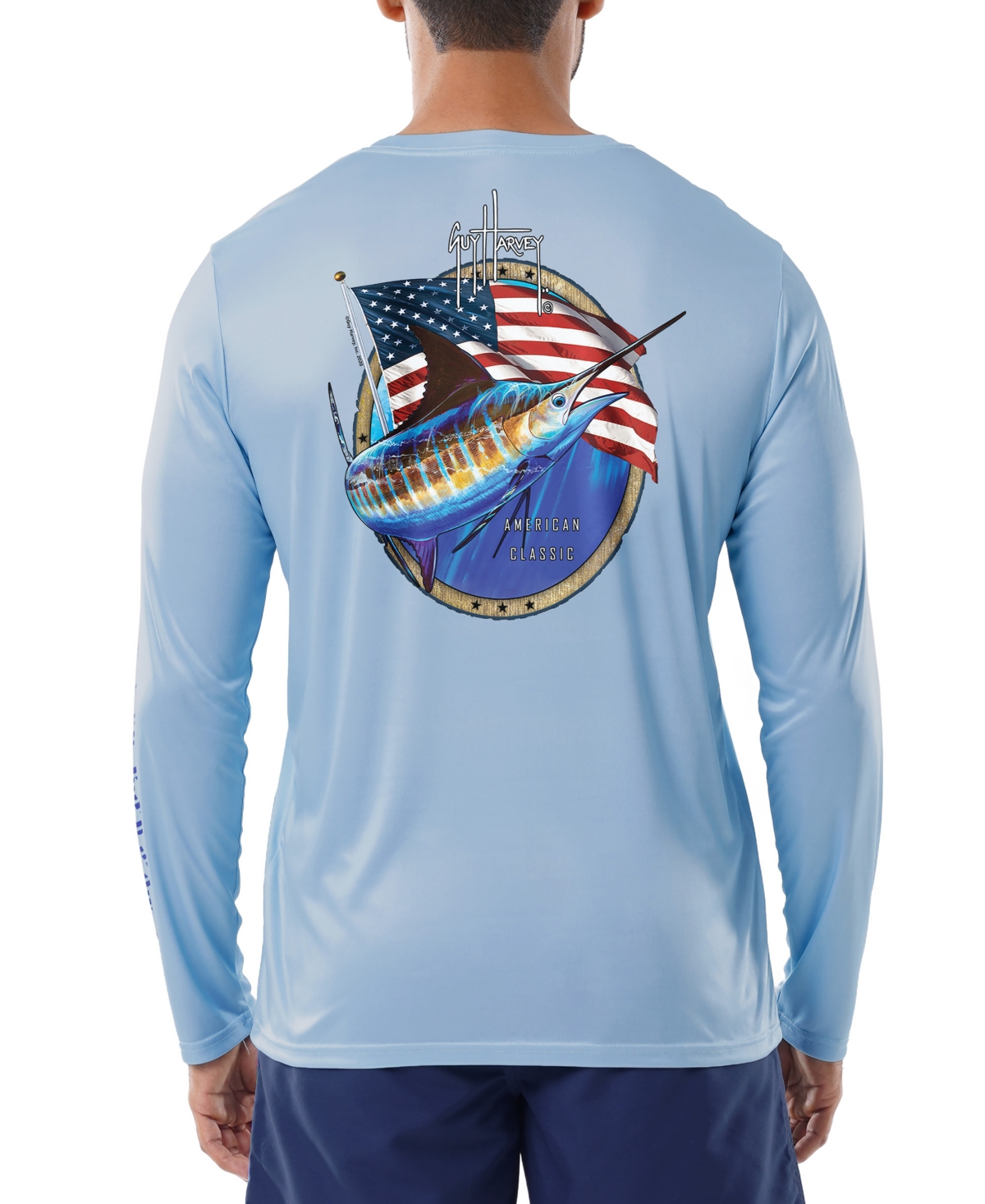 Guy Harvey Men's American Classic Logo Graphic Long-sleeve Sun Protection T-shirt In Powder Blue