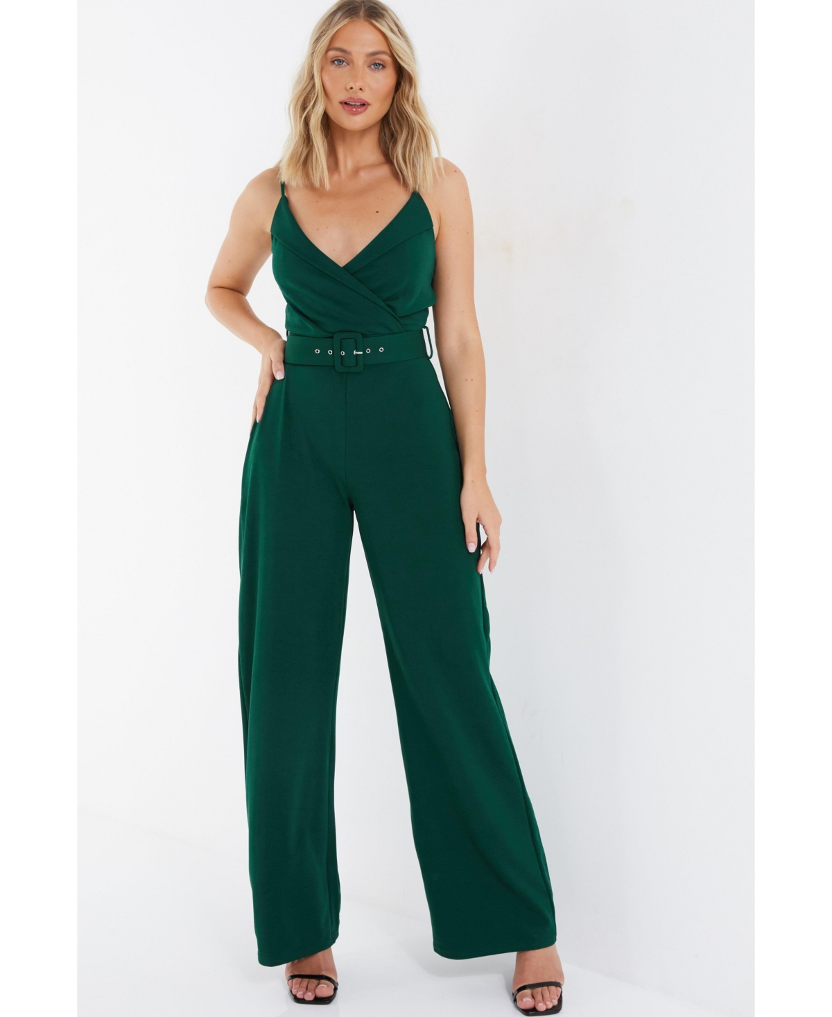 Women's Scuba Crepe V Neck Belted Palazzo Jumpsuit - Green