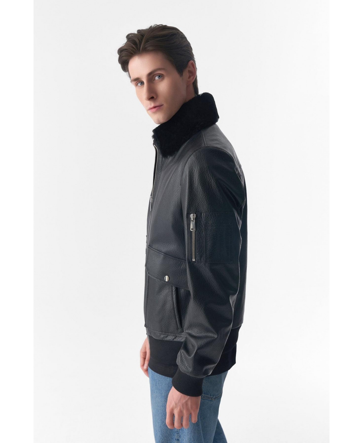Furniq Uk Men's Detachable Shearling Collar Leather Jacket, Jumbo- Black