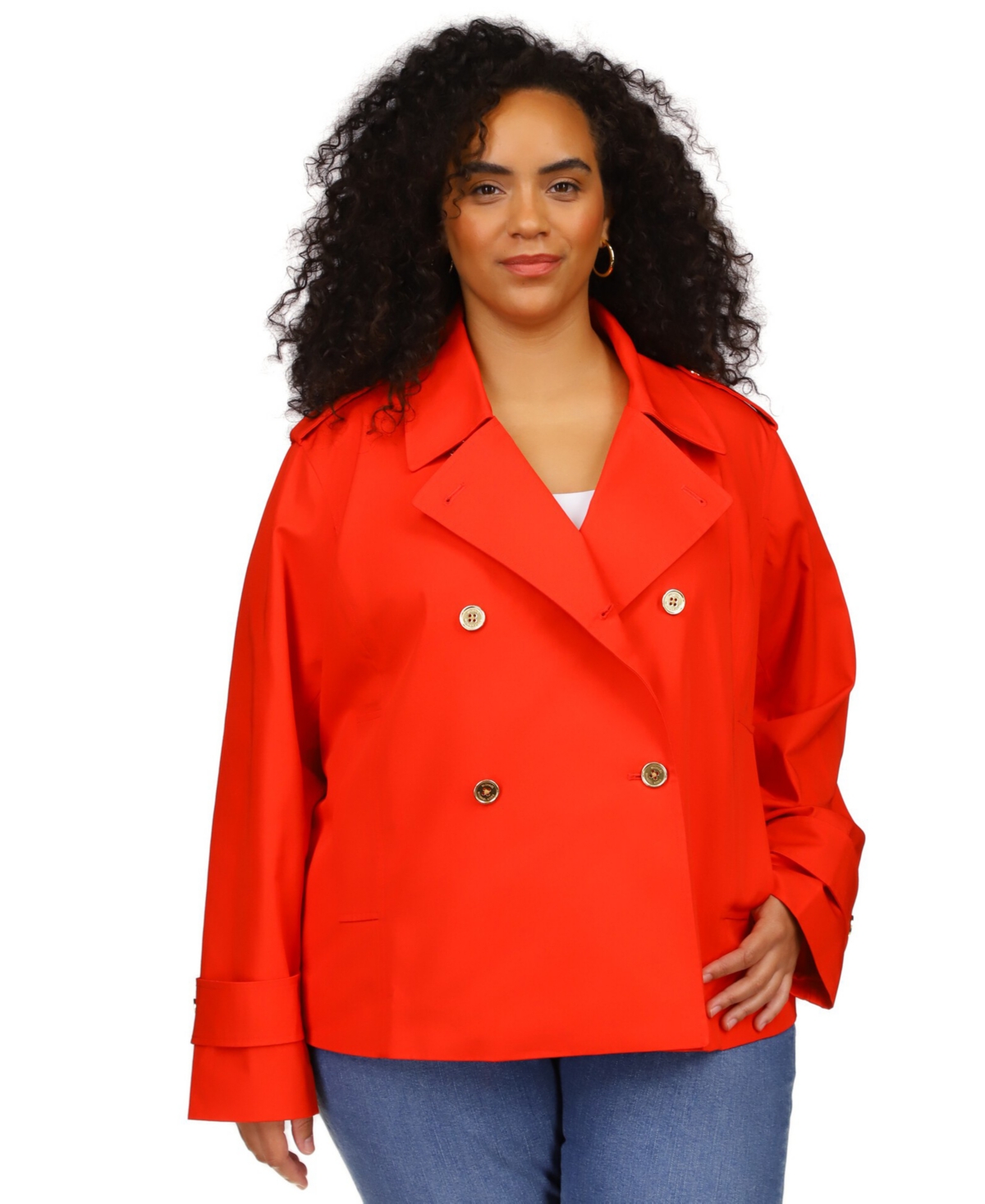 Michael Kors Michael  Plus Size Cropped Cotton Button-down Peacoat In Lacquer Red