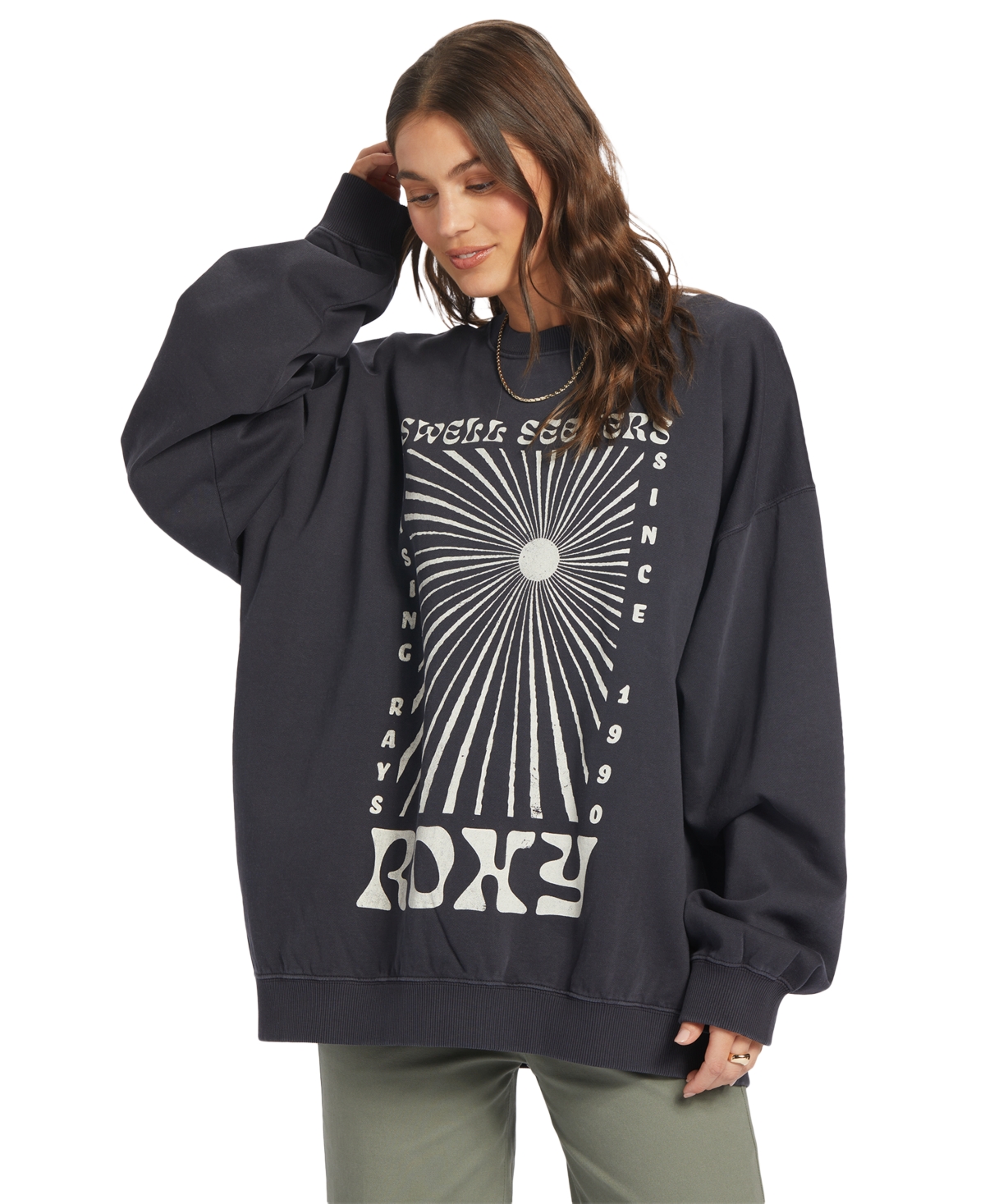 Roxy Juniors' Lineup Oversized Crewneck Sweatshirt In Anthracite