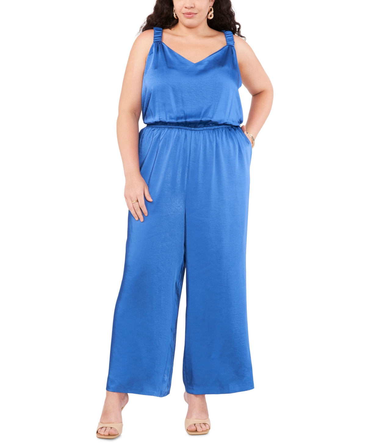 Plus Size Cinched Waist Wide Leg Jumpsuit - Sapphire Blue