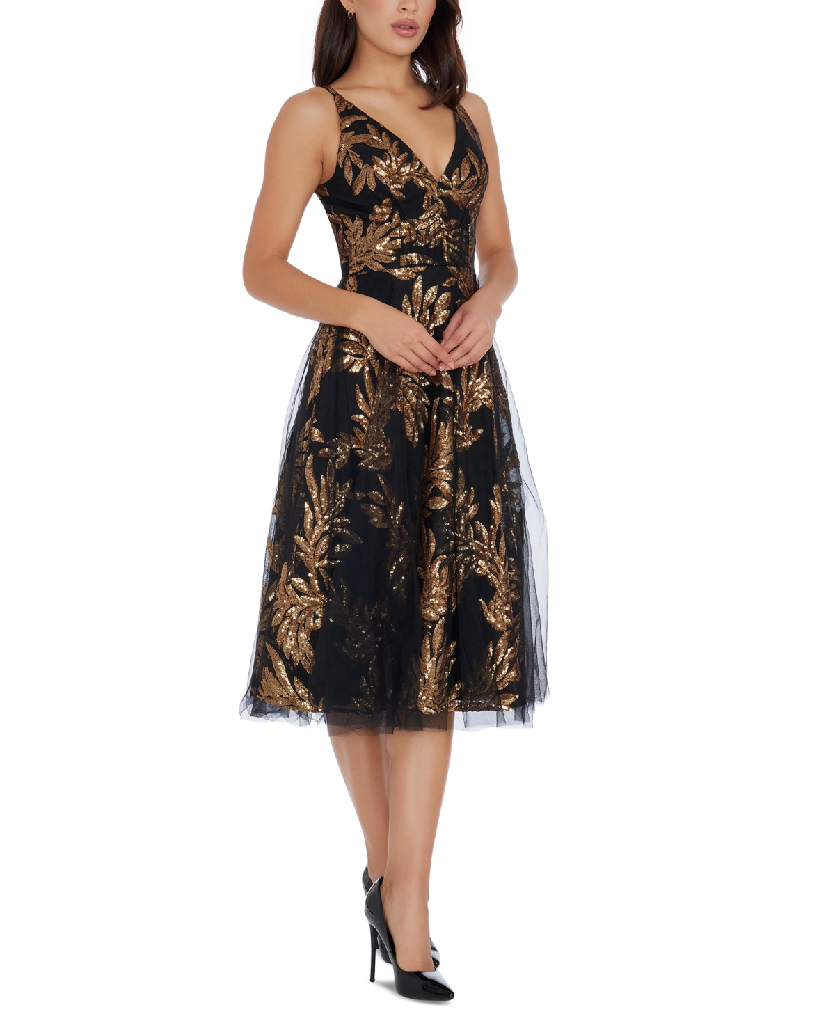 Shop Dress The Population Women's Courtney Sequin And Tulle Dress In Black,nude