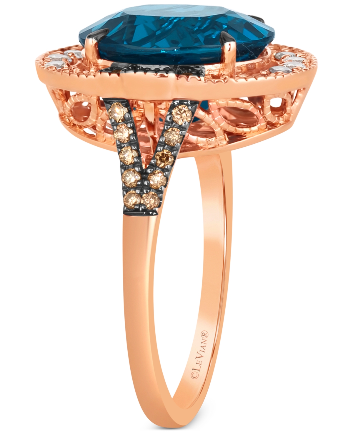 Le Vian Deep Sea Blue Topaz (5 ct. t.w.) & Diamond (1/2 ct. t.w.) Halo Ring in 14k Rose Gold - 14K Strawberry Gold Ring