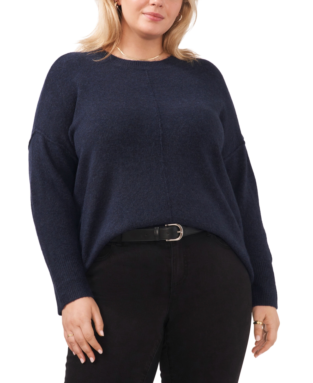 Vince Camuto Plus Size Long Sleeve Extend Shoulder Sweater In Vintage Blue