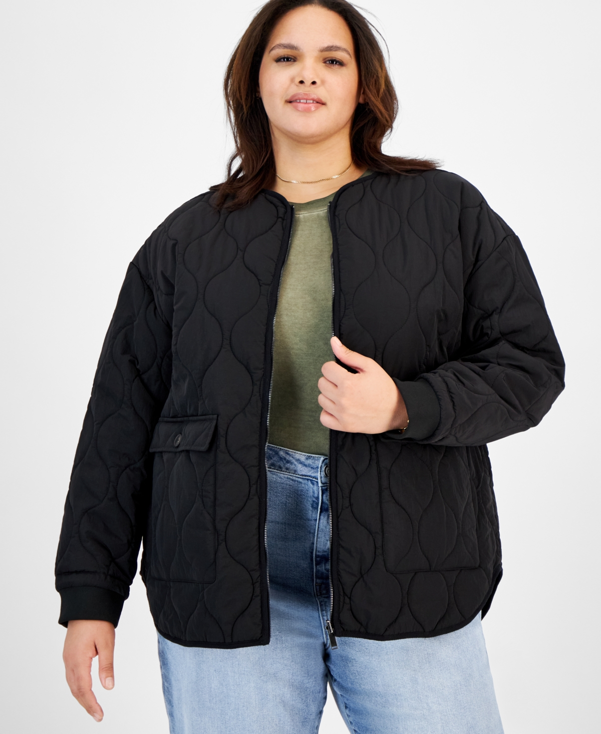 Plus Size Reversible Collarless Quilted Jacket - Black