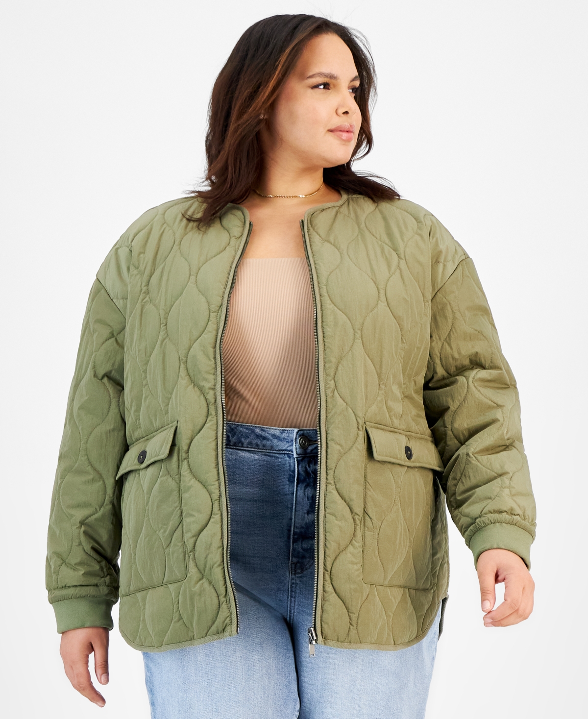 And Now This Plus Size Collarless Puffer Jacket In Crushed Oregano