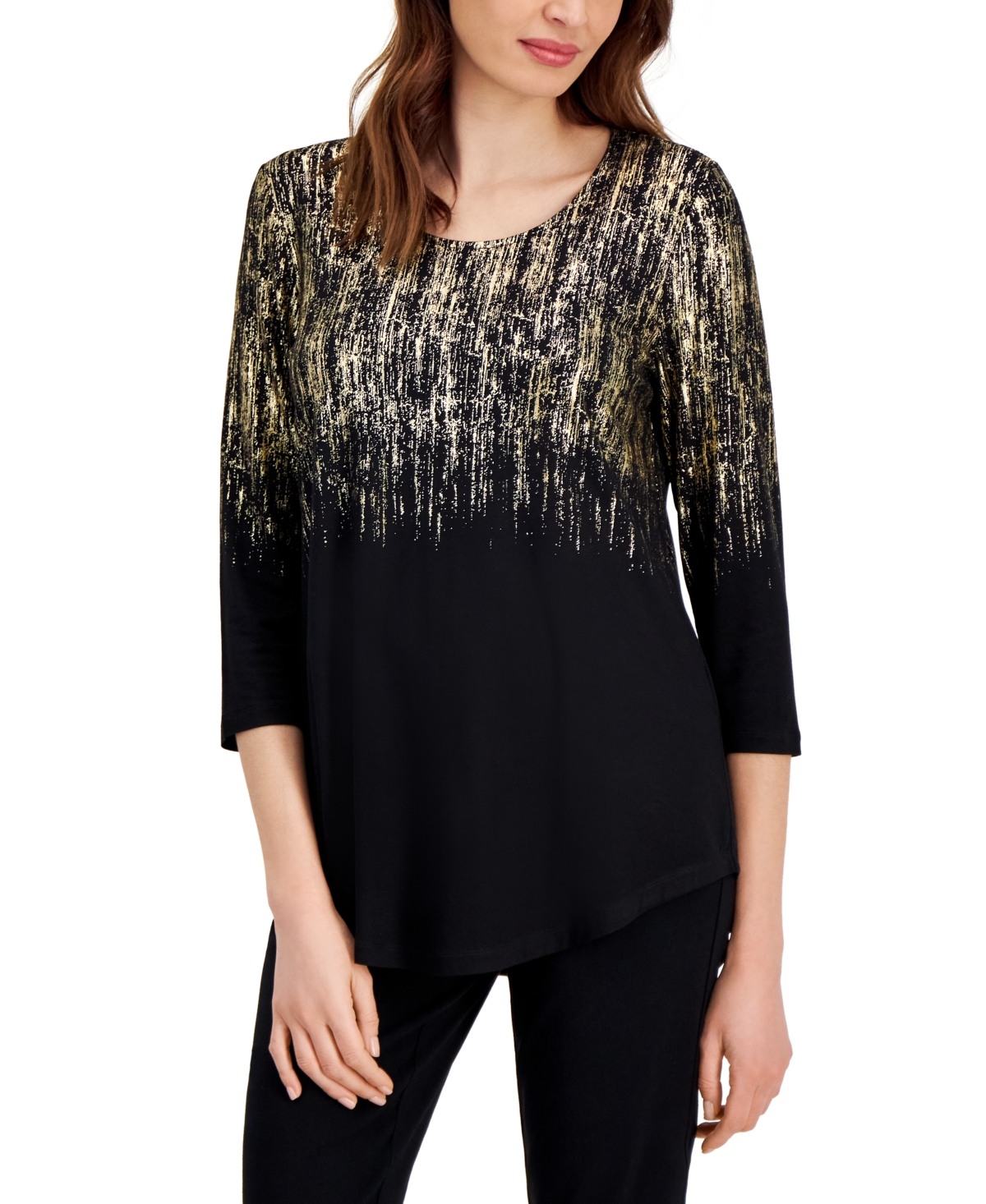 Women's Foil-Print Knit 3/4-Sleeve Top, Created for Macy's - Gold