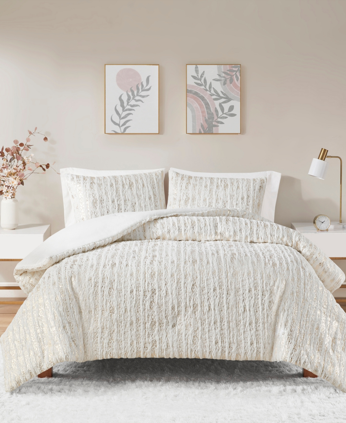 Intelligent Design Naomi Metallic Print Faux Fur 2 Piece Comforter Set, Twin/twin Xl In White,gold