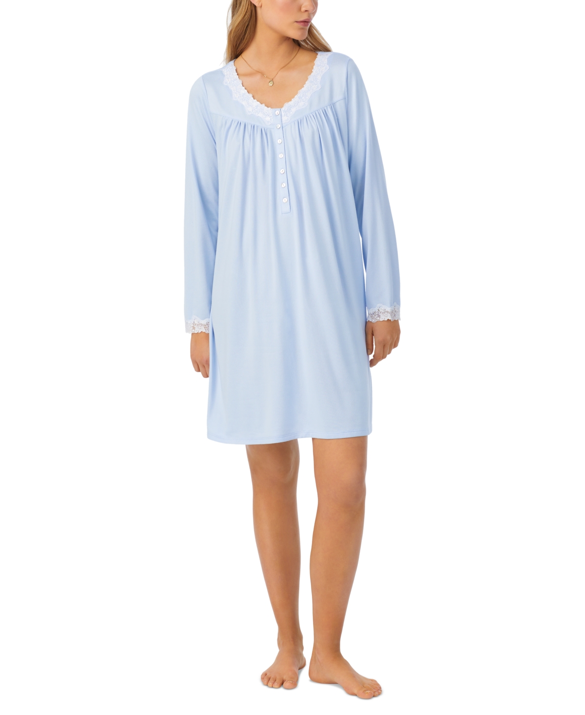 Women's Sweater-Knit Lace-Trim Nightgown - White, Blue Print