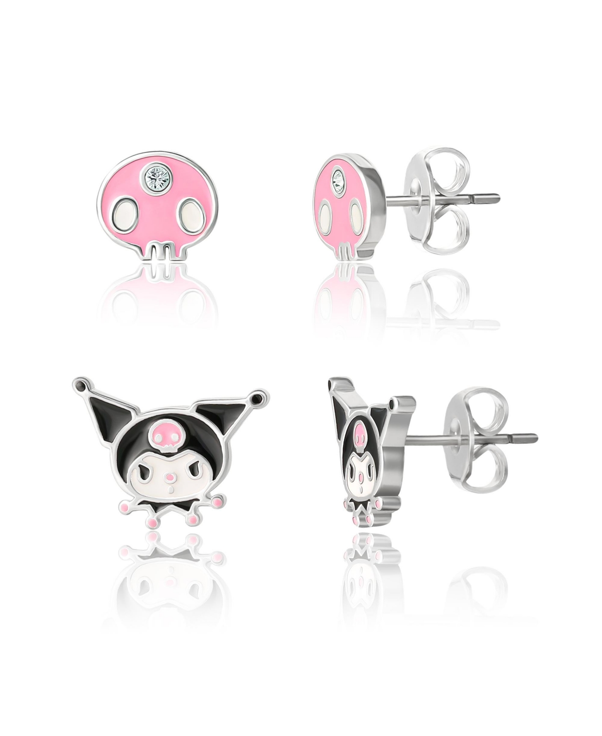 Sanrio Pink Skull and Kuromi Silver Plated Earring Set - 2 Pairs, Officially Licensed - Pink, black